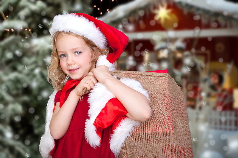 Santa's little helper, red, little, craciun, christmas, hat, santa, girl, copil, child, HD wallpaper