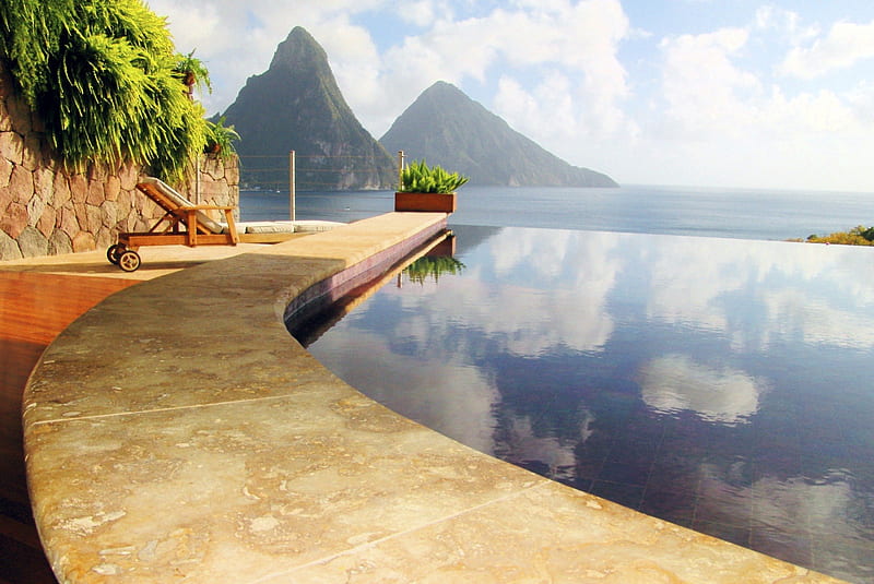 Beautiful View - St Lucia Paradise Island Caribbean West Indies, view, ocean, swimming pool, bonito, st lucia, volcano, caribbean, sea, paradise, west indies, mountains, spa, heaven, tropical, luxury, HD wallpaper