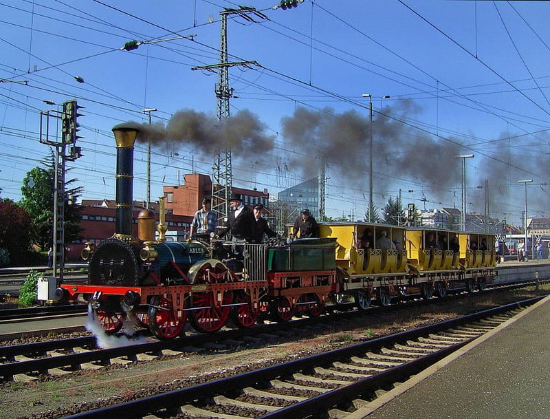 First Train, locomotive, railway, waggons, steam, rails, HD wallpaper