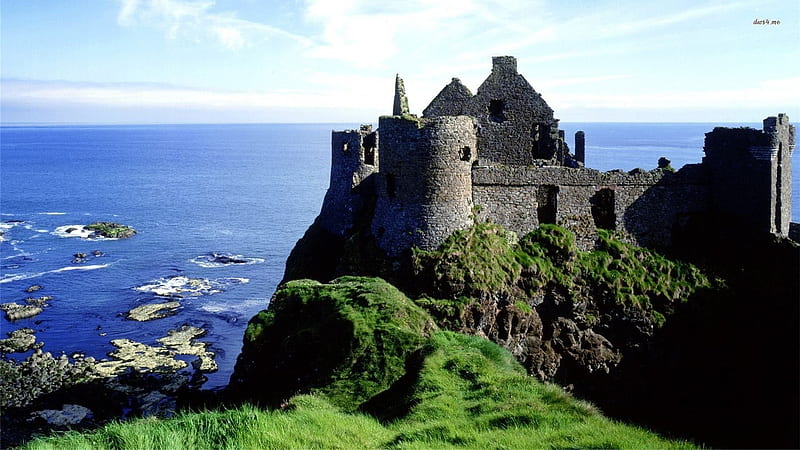 Dunluce Castle, Northern Ireland, walls, tower, cliff, ruin, sea, HD wallpaper