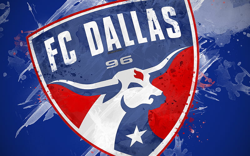 FC Dallas paint art, American soccer team, creative, logo, MLS, emblem, blue background, grunge style, Dallas, Texas, USA, football, Major League Soccer, HD wallpaper
