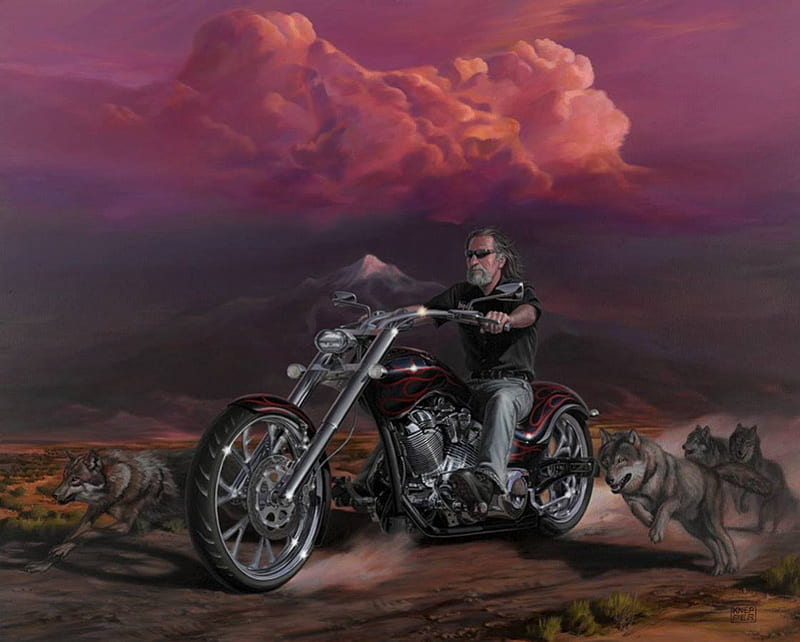 riding with wolves, mountain, woles, snow, painting, man, bike, HD wallpaper
