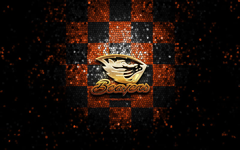 Oregon State Beavers, glitter logo, NCAA, orange black checkered background, USA, american football team, Oregon State Beavers logo, mosaic art, american football, America, HD wallpaper