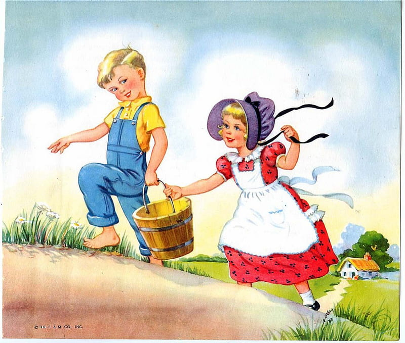 jack and jill went up the hill, cute, adorable, cartoon, pail, HD wallpaper