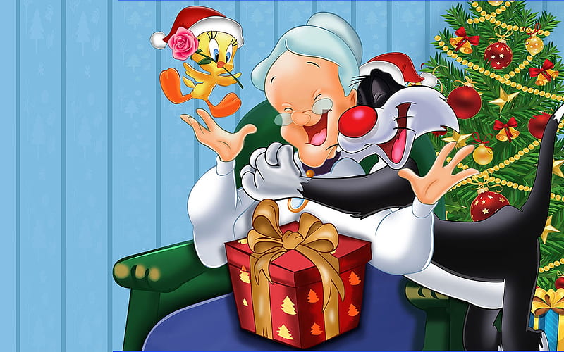 Tweety Bird, Sylvester Cat and Granny, tweety bird, fantasy, craciun, christmas, animation, sylvester cat, granny, HD wallpaper