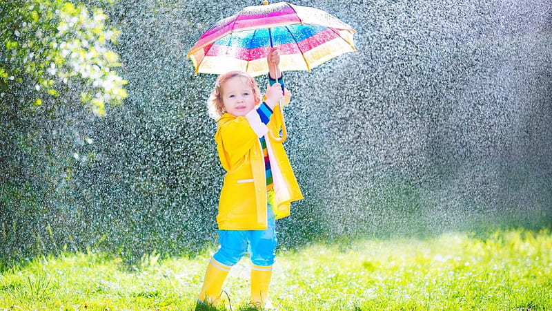 Cute Little Girl, girl, boots, grass, umbrella, child, rain, raincoat, HD wallpaper