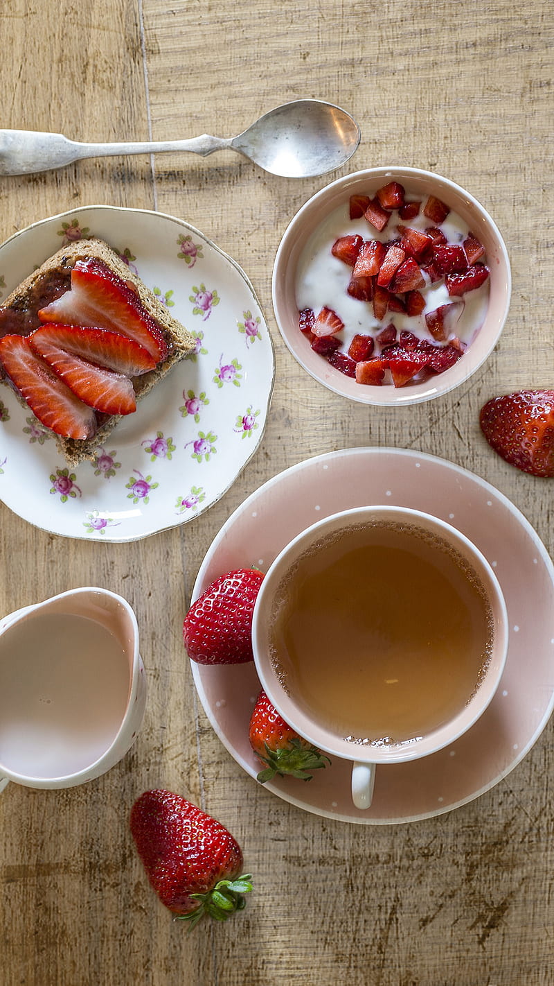 Breakfast, cup, fruit, milk, spoon, srawberry, table, tea, wood, HD phone wallpaper