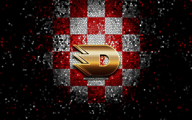 HC Dynamo Pardubice, glitter logo, Extraliga, red white checkered background, hockey, czech hockey team, HC Dynamo Pardubice logo, mosaic art, czech hockey league, Dynamo Pardubice, HD wallpaper