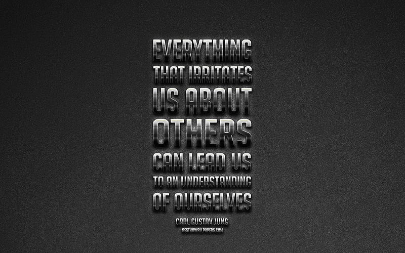 Everything that irritates us about others can lead us to an understanding of ourselves, Carl Jung quotes, metal art, gray background, HD wallpaper