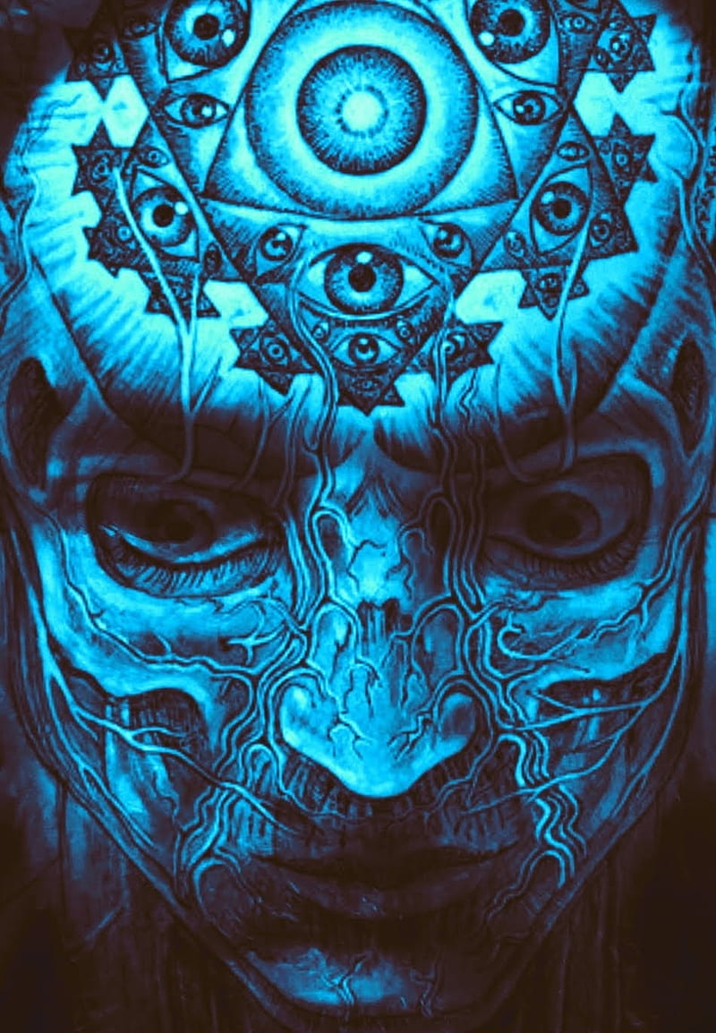 Alex Grey, blue abstracr, skull, symbols, HD phone wallpaper
