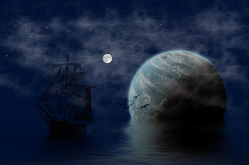 Moonlight, moon, fantasy, moon, water, ship, planet, bird, dark, summer, night, HD wallpaper