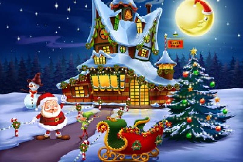 Merry Christmas, tree, santa, house, path, artwork, animals, HD ...