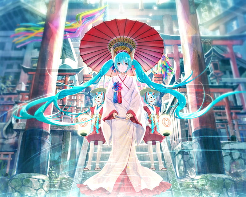 Hatsune Miku, red, fuji chocko, anime, umbrella, manga, kimono, blue ...