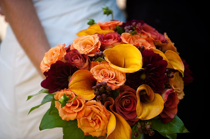 Bridal bouquet, pretty, orange, rose, bride, bonito, graphy, nice, calla, flowers, beauty, harmony, lovely, roses, wedding, elegantly, cool, bouquet, flower, HD wallpaper