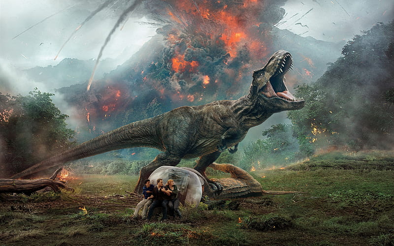 Jurassic World Fallen Kingdom, 2018, Jurassic World 2, dinosaur, characters, poster, promo, Chris Pratt, Bryce Howard, Justice Smith, HD wallpaper