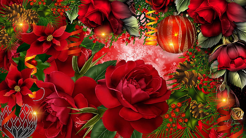 Winter is Christmas, red, red roses, Christmas, holiday, Feliz Navidad, colors, firefox theme, lights, winter, poinsetta, snow, decorations, flowers, bright, snow flakes, HD wallpaper