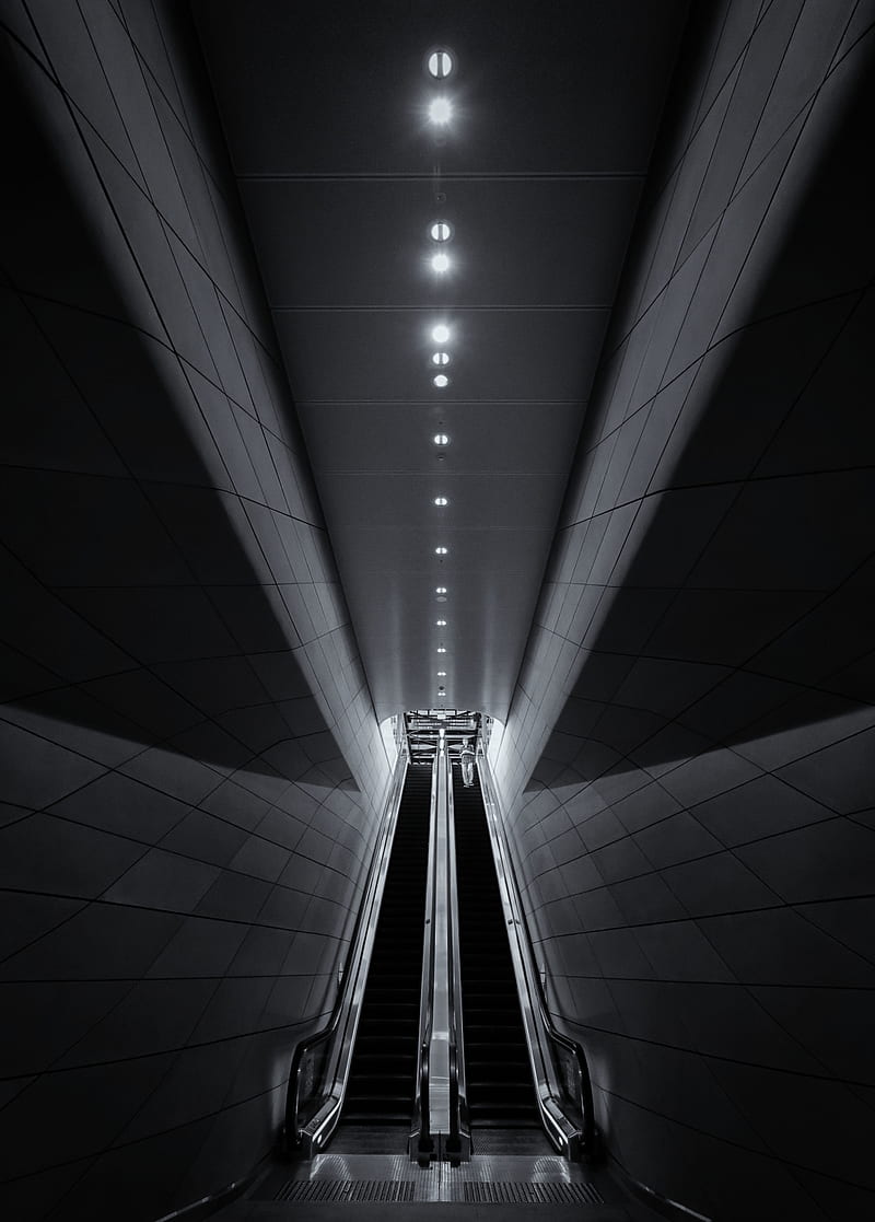 escalators, lights, subway, station, black and white, dark, HD phone wallpaper