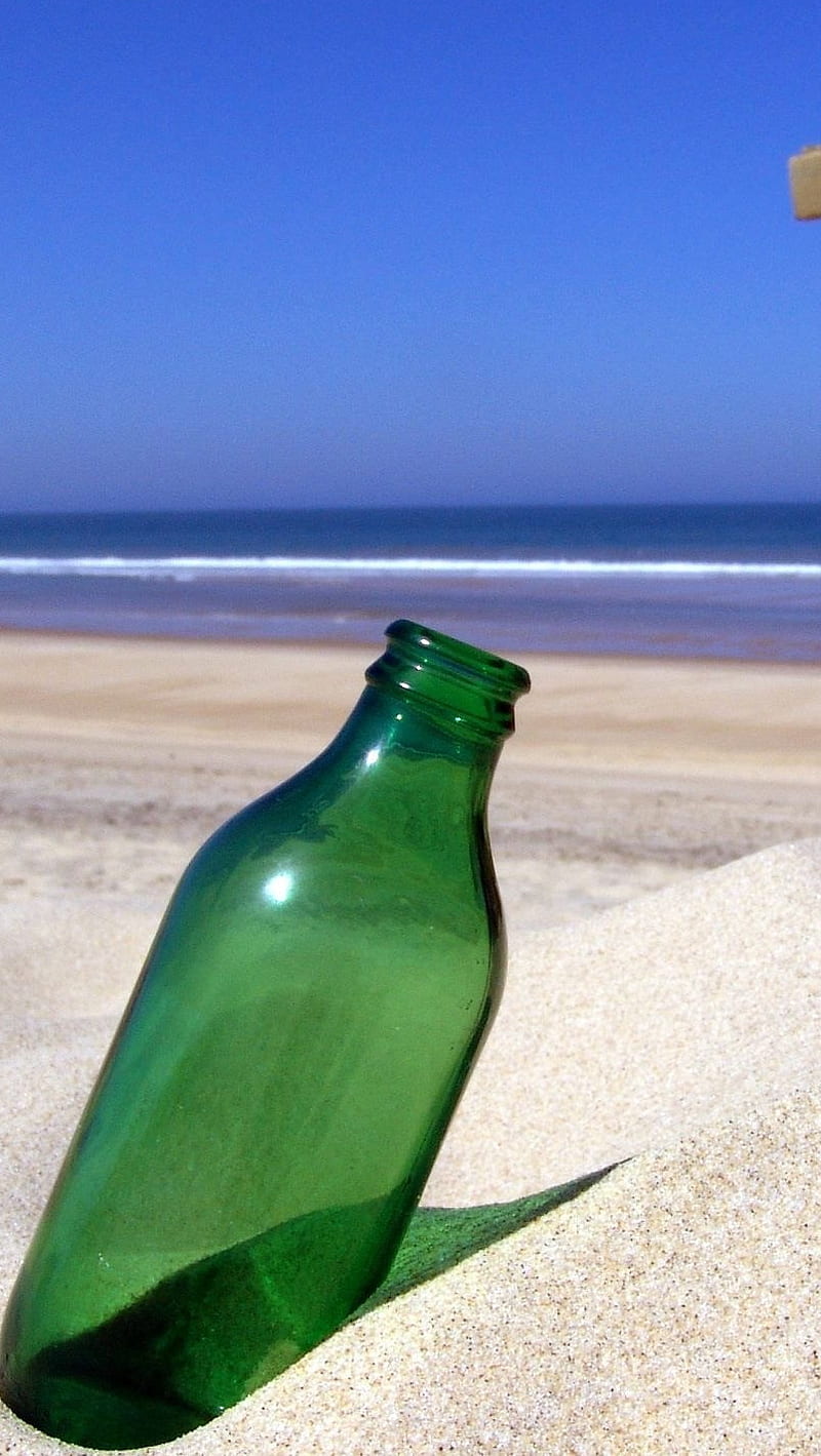 bottle, beach, green, sand, sea, HD phone wallpaper