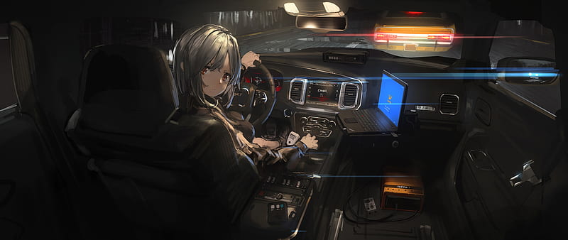 anime girl, hacker, in a car, silver hair, night, Anime, HD wallpaper