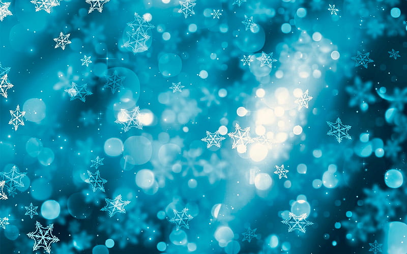 blue snowflakes background, glare, blue winter background, white snowflakes, winter backgrounds, HD wallpaper