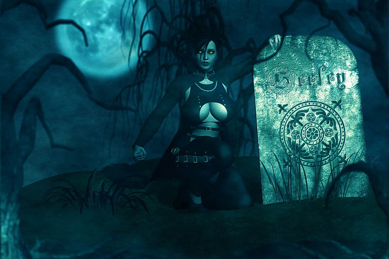 Rest by the Graves, tree, moon, dark, tomb stone, grave, HD wallpaper