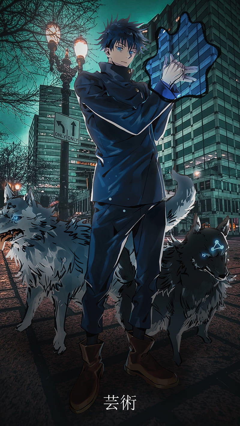 Megumi Fushiguro, anime, city, wolf, HD phone wallpaper