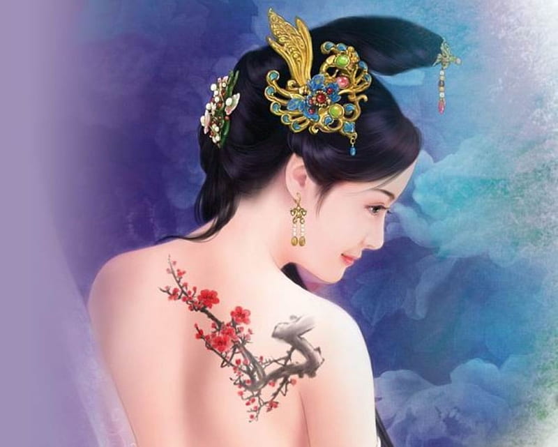 Red Blossom Tattoo, sakura, sexy, cherry blossom, cute, girl, oriental, anime, flower, hot, chinese, HD wallpaper