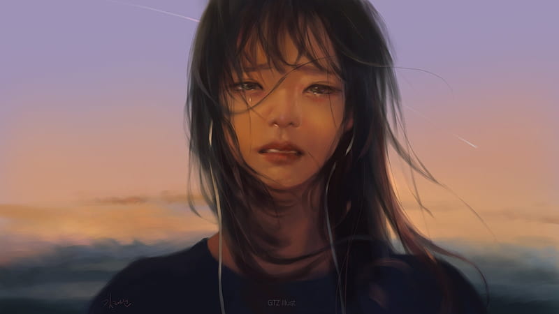 asian girl, crying, sadness, artwork, face portrait, long hair, Girls, HD wallpaper
