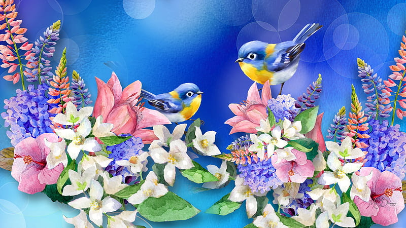 Abundance of Spring, Firefox theme, blue birds, bokeh, summer, birds, flowers, spring, floral, HD wallpaper