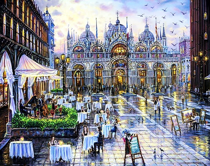 Piazza di San Marco, tables, buildings, place, artwork, restaurant, people, painting, chairs, italy, HD wallpaper