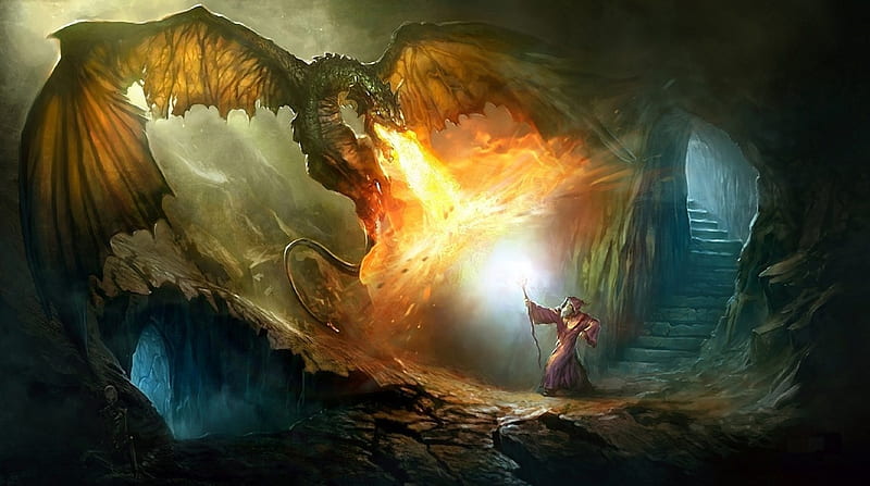 Wizard VS Dragon, fire, dragon, cave, wizard, HD wallpaper