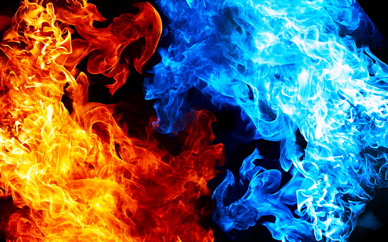blue and orange fire, macro, creative, fire flames, fire textures, artwork, HD wallpaper