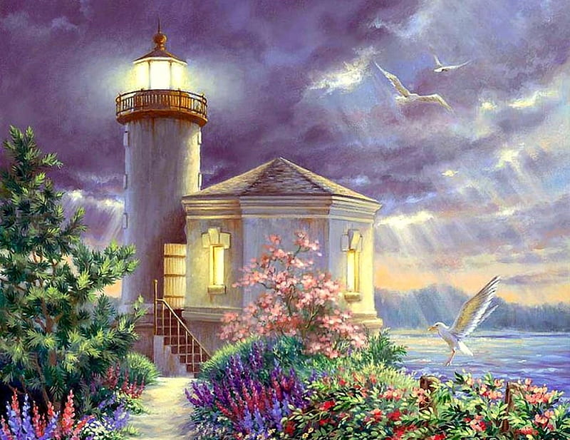Beacon of Majesty, lovely, colors, love four seasons, birds, bonito, spring, attractions in dreams, trees, sky, clouds, paintings, flying, lighthouses, flowers, nature, HD wallpaper