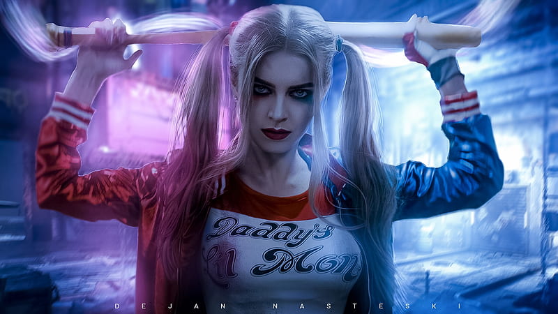 Harley Quinn, blue, red, fantasy, girl, dejan nasteski, comics, pink, HD wallpaper