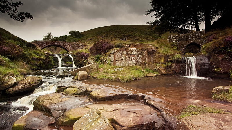 dual waterfalls on a rocky stream, hills, stream, rocks, bridge, trees, overcast, waterfalls, HD wallpaper