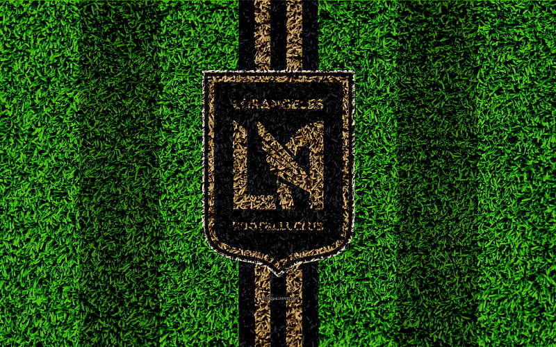 Los Angeles FC MLS, football lawn, LAFC, logo, american soccer club, black gold lines, grass texture, Los Angeles, California, USA, Major League Soccer, football, HD wallpaper