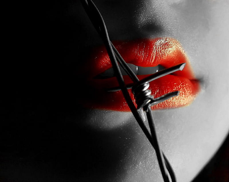 Dangerous Lips, dangerous, red, barbed, lips, sexy, women, hot, wire, girls, HD wallpaper