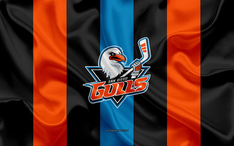 San Diego Gulls, American Hockey Club, emblem, silk flag, black and orange silk texture, AHL, San Diego Gulls logo, San Diego, California, USA, hockey, American Hockey League, HD wallpaper