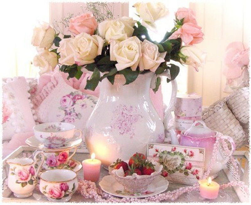 Time for Tea, still life, teacups, tea time, flowers, strawberries, roses, candles, HD wallpaper