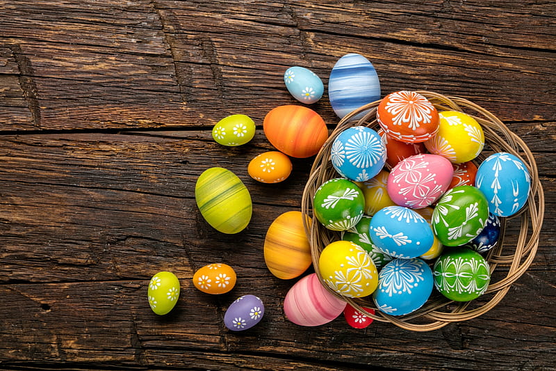 Holiday, Easter, Basket, Colorful, Easter Egg, Wood, HD wallpaper