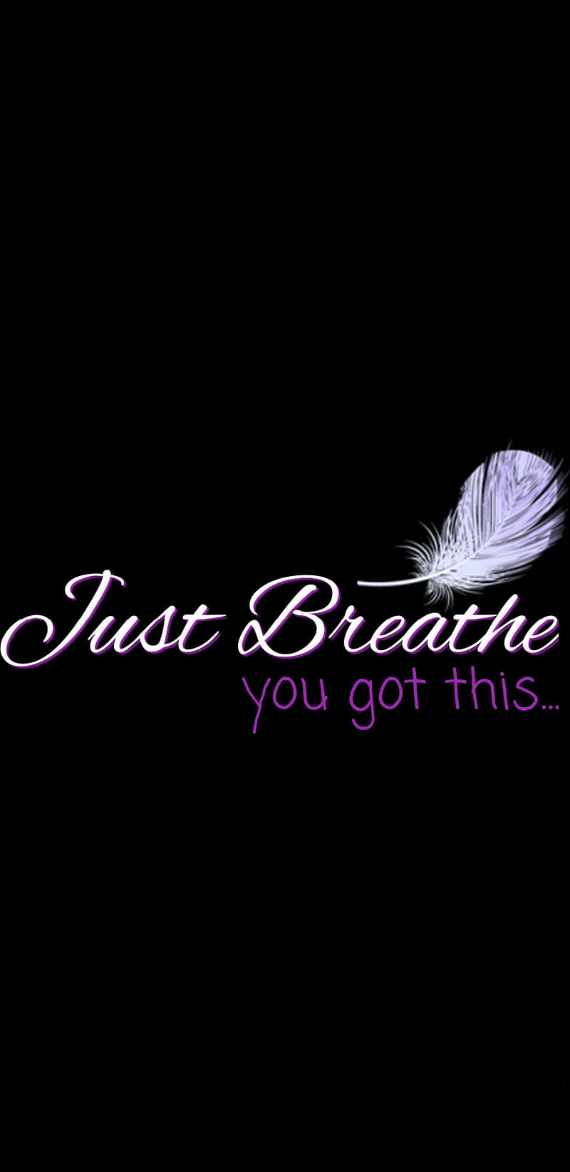 Just Breathe, black, encourage, feather, galaxy purple, quote, simple, HD phone wallpaper