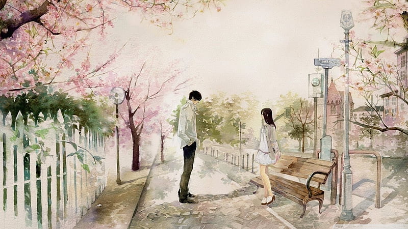 first date, fence, tree, bench, man, woman, HD wallpaper