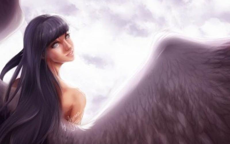 Purple angel, art, wings, angel, arianna fray, fantasy, purple, feather, beauty, white, HD wallpaper