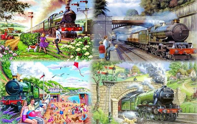 Summer Holidays, holidays, trains, flowers, seaside, steam, railways, smoke, HD wallpaper