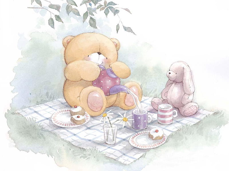 bear and dog having picnic, bear, abstract, cartoon, cute, cool, entertainment, baby bear, animals, HD wallpaper