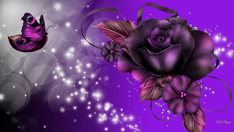 Delightful Purples, stars, Bokeh, shine, desenho, ribbons, roses, floral, sparkles, butterfly, purple, bright, flowers, HD wallpaper