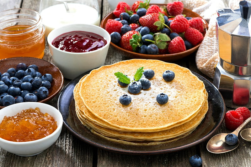 Time for Breakfast, delicious, strawberry, food, fruits, breakfast, sweet, fruit, jam, blueberry, pancakes, raspberry, pancake, HD wallpaper