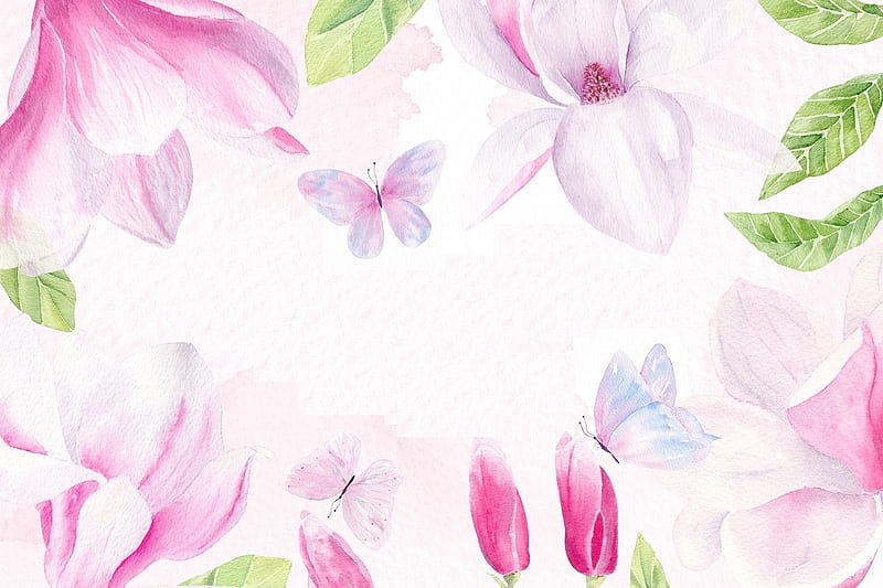 Texture, magnolia, flower, paper, spring, pink, white, pattern, card, watercolor, HD wallpaper
