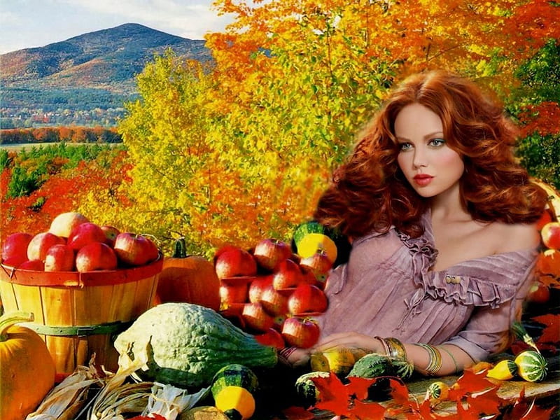 Fantasy I'm A Little Bit Country, red, orange, yellow, fruit, fantasy, green, pink, blue, forest, apples, black, country, trees, squash, girl, purple, mountains, peach, vegetables, white, HD wallpaper