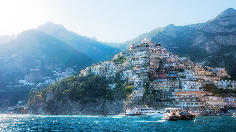 Lovely view of positano on italian coast, mountain, boats, sea, town ...